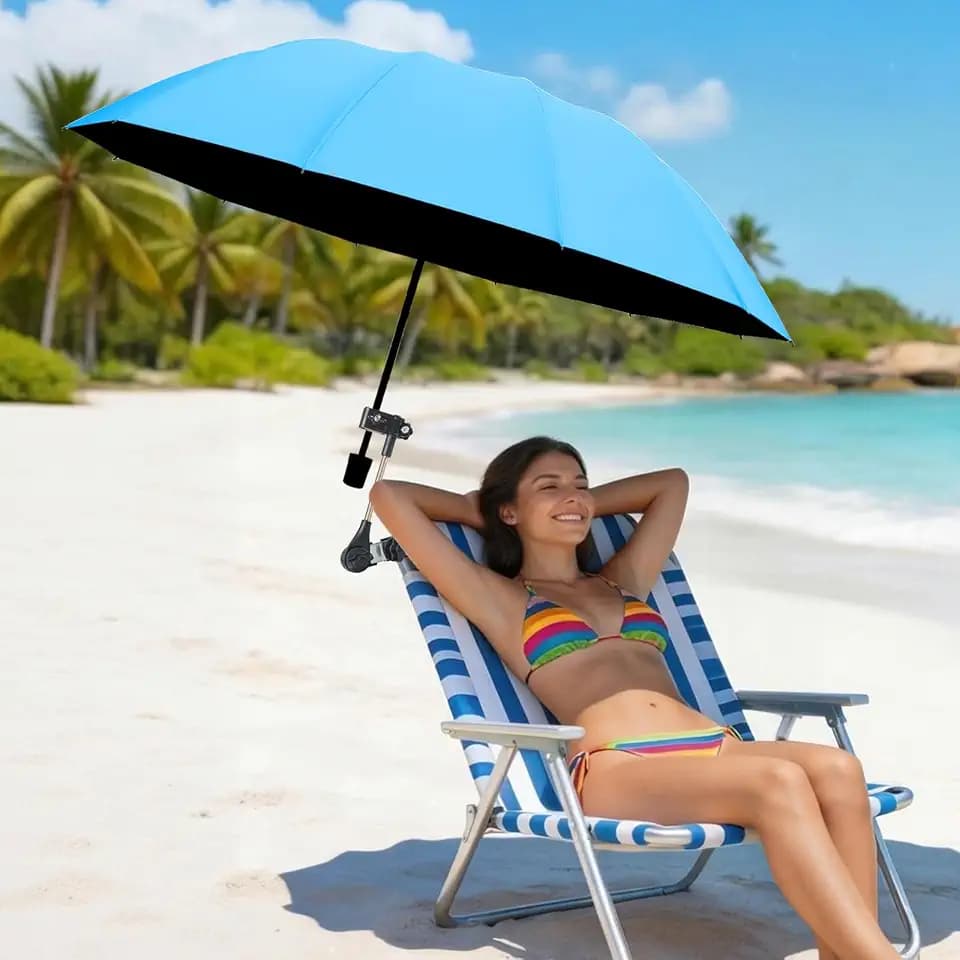 Beach Chair Umbrella with Clamp 360° Adjustable Clip On Umbrella for Camping Chair UPF 50+ UV Protection Sun Shade Portable Stroller Umbrellas for Travel, Wheelchair, Boat, Patio, Golf Cart