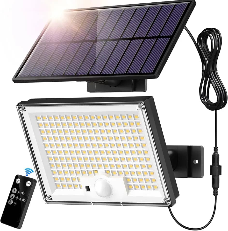 SIGRILL Solarlampen mit Bewegungsmelder 172LED, Solar Strahler IP65 Außenwandleuchte, Gartenleuchten mit 5m Kabel, Solarleuchten für Außen, Garage