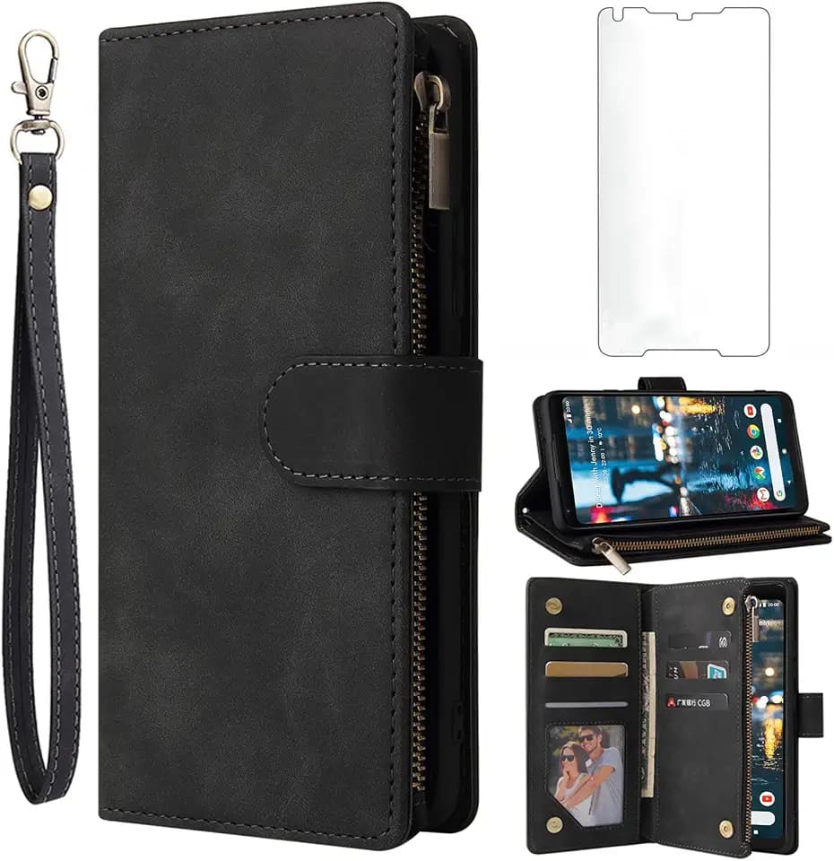 Asuwish Kompatibel mit Google Pixel 2XL Wallet Case gehärtetes Glas Displayschutzfolie und Leder Flip Cover Kartenhalter Handyhüllen für Pixle 2 XL Pixel2XL Pixel2 LX Damen Herren Schwarz