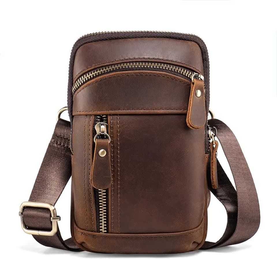 Echtes Leder Umhängetasche Herren, Handytasche Herren, Crossbody Sling Bag, Schultertasche Herrentasche zum Umhängen, Shoulder Bag Kleine Handtasche, Mini Männer Tasche (Retro Braun)