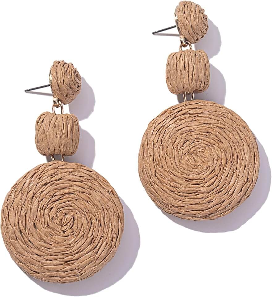 Statement Raffia Boho Round Dangle Ball Earrings - Cute Handmade Summer Bohemian Dangling Jewelry for Women