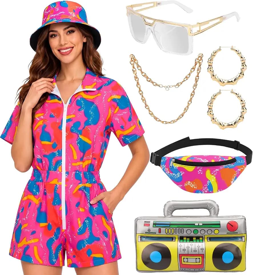 80s 90s Outfit for Women Neon Jumpsuit Color Block Costume with Accessories