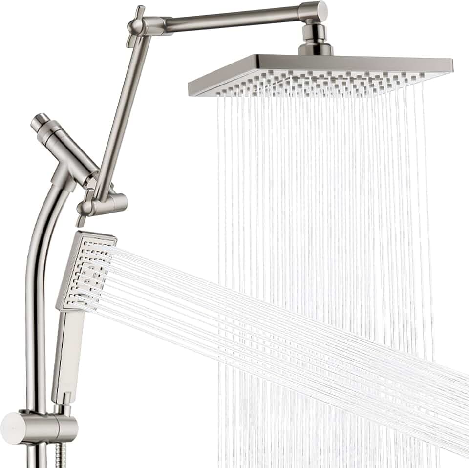 BRIGHT SHOWERS Rain Shower Heads System, Rainfall Shower Head with Handheld Spray Combo Includes Solid Brass Slide Bar, Height Adjustable Holder, Shower Extension Arm and 60" Long Hose, Brushed Nickel