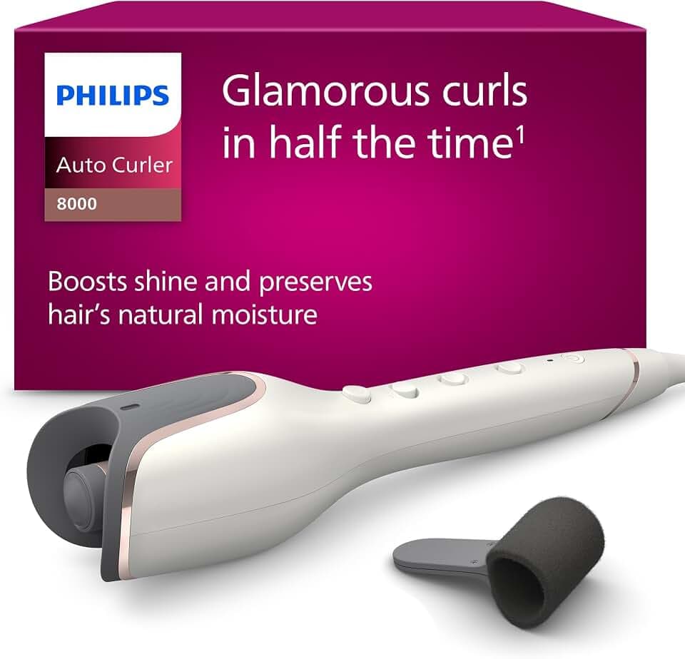 Philips automatischer Lockenstab 8000 Series, Lockenwickler/Curler mit MoistureProtect Technologie, 27 verschiedene Stylingoptionen, Weiß, Modell BHB878/00