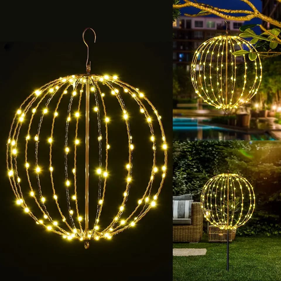 Christmas Ball Light Sphere, 16IN 128LED Hanging Tree Light and Pathway Lights with Hook and Stake, Foldable Metal Frame Light Ball for Outdoor Garden, UL Listed, Brown Frame, Warm White (Pack of 1)