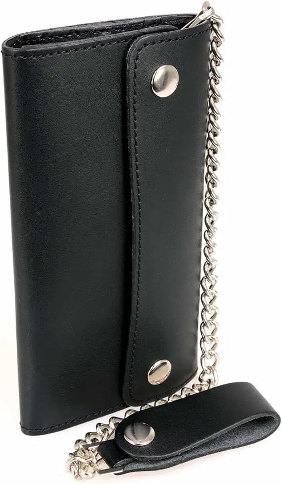 Milwaukee Leather MLW7811 Men's 8” Black Leather Biker Wallet - Bi-Fold w/Anti-Theft Stainless Steel Chain - One Size