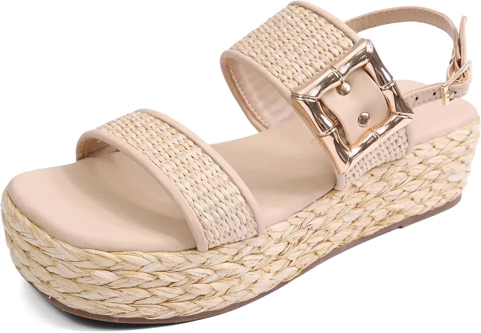 Shoe'N Tale Women’s Platform Sandals Raffia Woven Espadrille Open Toe Adjustable Ankle Strap Summer Beach Vacation Dress Shoes