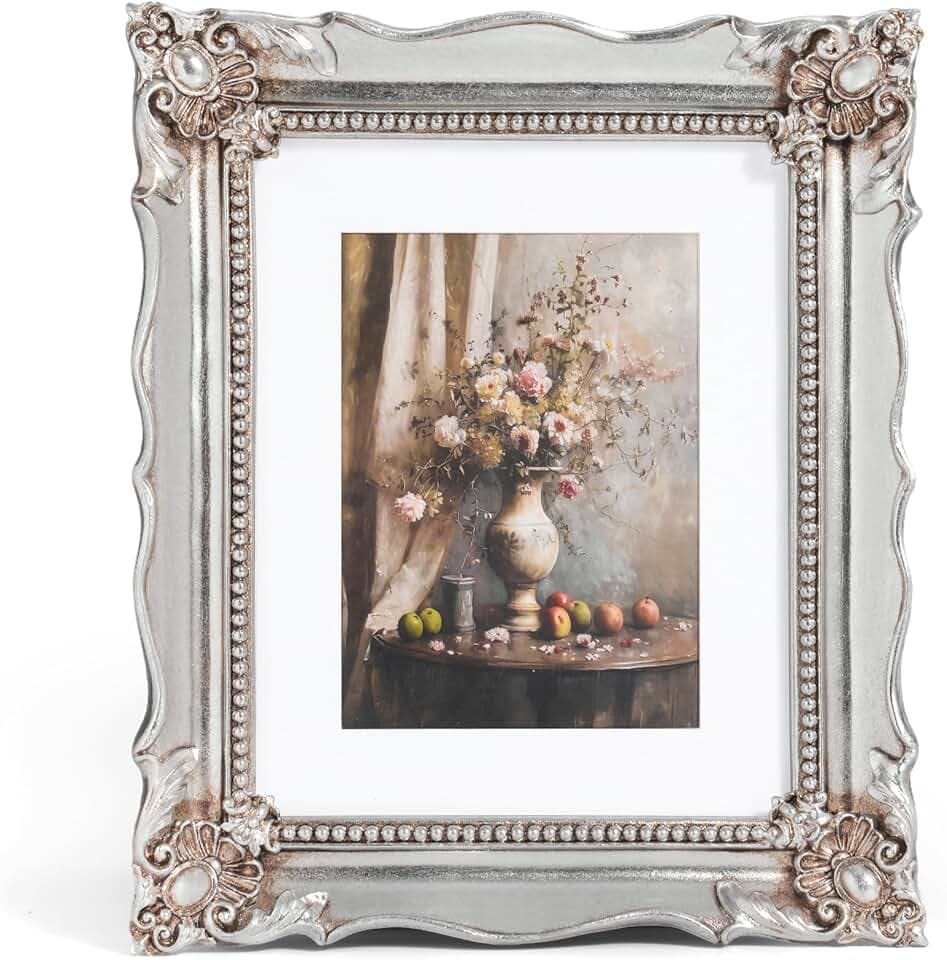 Saysmile 8x10 Vintage Picture Frame with Embossed Flower Design, Silver Ornate Frame for 8x10 or 5x7 Pictures with White Mat, Hand-Crafted Resin Antique Frames for Tabletop & Wall Hanging, Home Decor (Silver)