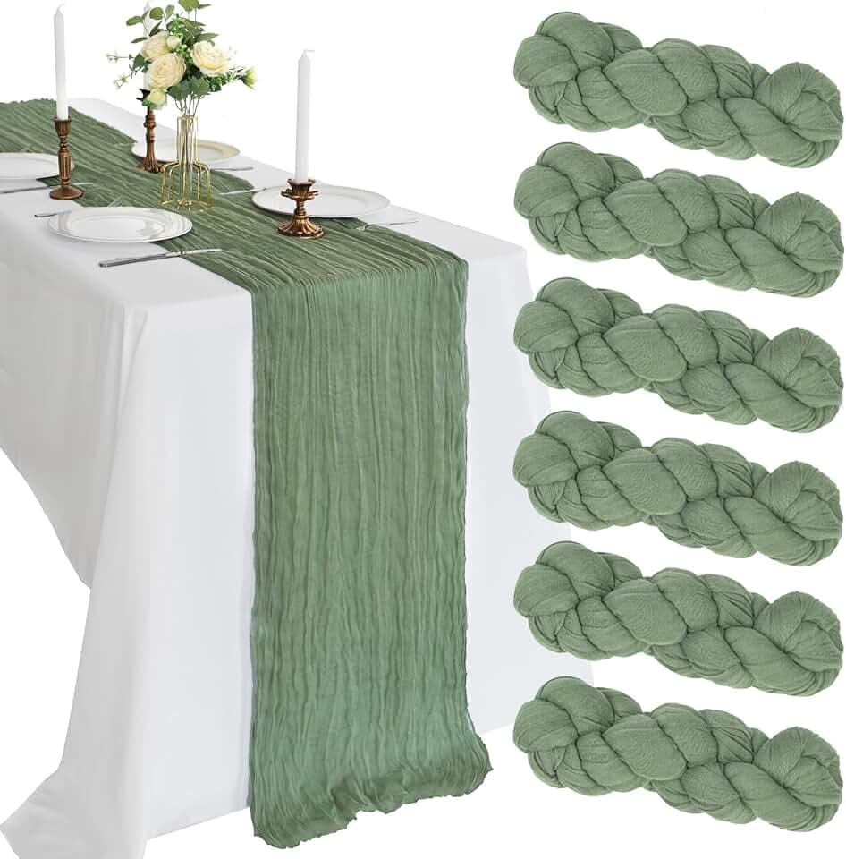 6 Pack 10Ft Sage Green Cheesecloth Table Runner 23 x 120 Inch