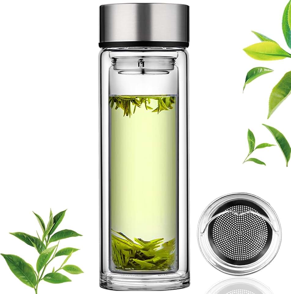 Glas-Tee-Ei, doppelwandig, Borosilikatglas, Reisebecher, versiegelt, auslaufsicher, Teeflasche mit Sieb für losen Tee, Getränke, Kaffee, Wasser, 350 ml
