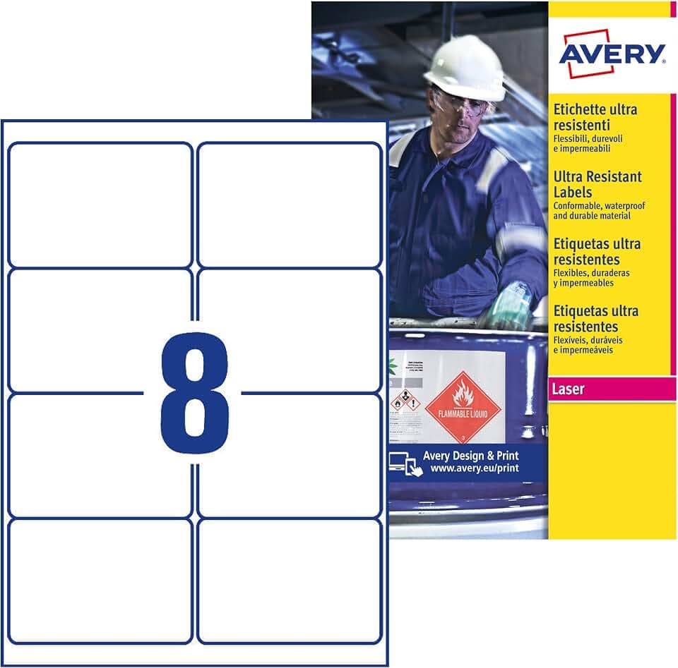 Avery Zweckform L7914-10 Ultra-Resistente Folien-Etiketten, 99.1 x 67.7 mm, 10 Blatt, 80 Etiketten, weiß