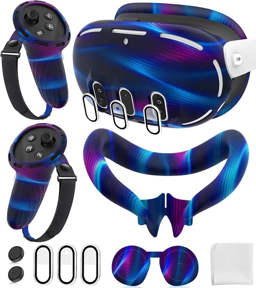 Silicone Cover Set Compatible with Oculus/Meta Quest 3, Touch Controller Grips Cover, VR Shell Cover, Facial Interface Cover, Protective Lens Cover, Tempered Glass Lens Caps (Aurora Blue)
