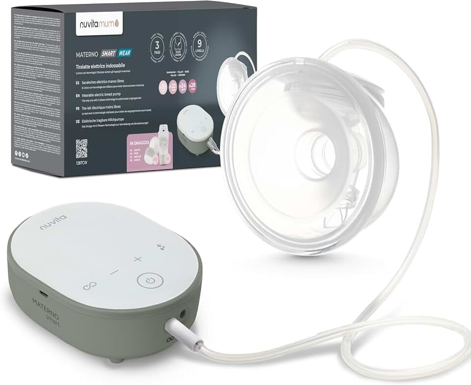 Nuvita 1287CW Materno Smart Wear tragbare elektrische Milchpumpe – 3-Phasen-Technologie, freihändig, 9 Intensitätsstufen, 240 ml Fassungsvermögen, wiederaufladbar