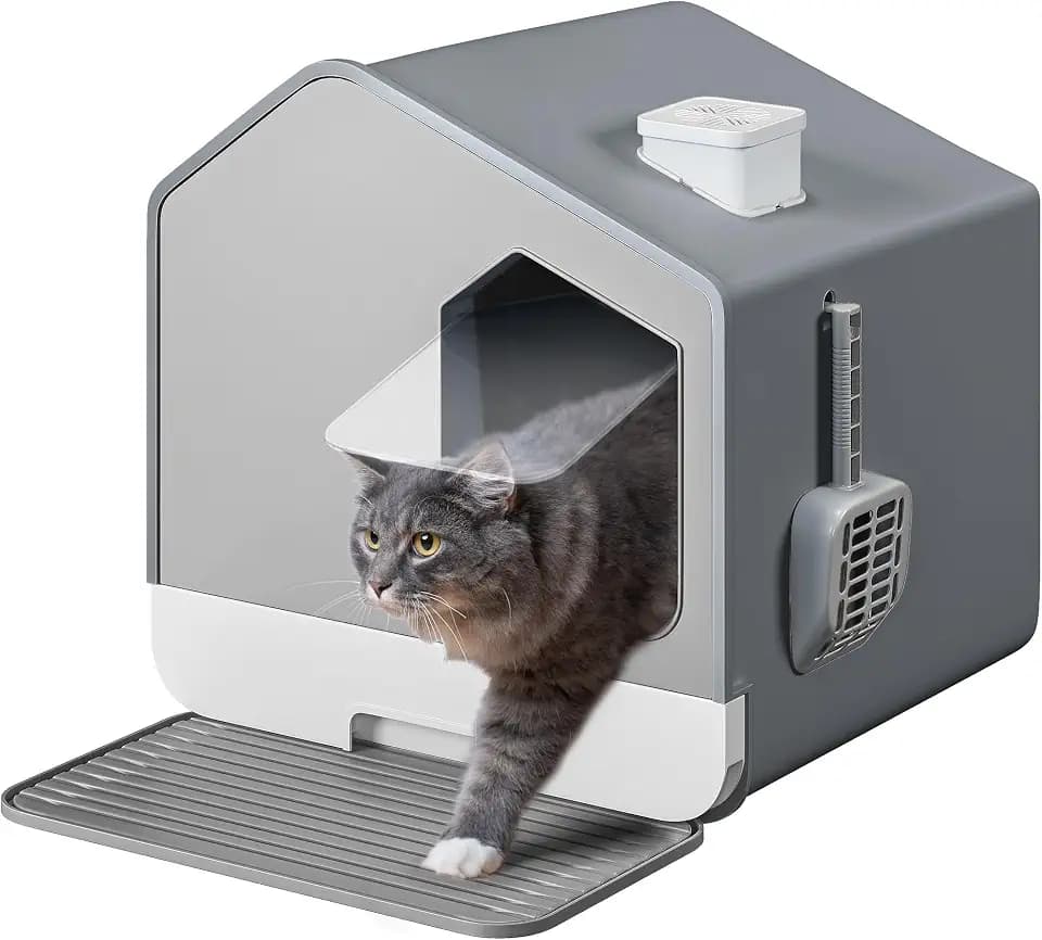 YITAHOME Katzentoilette mit Haube, Katzenklo mit Deckel, Schaufel, Katzentoilette, Einfache Reinigung, Versteckte, Überdachte, Hohe Seiten (Grau)