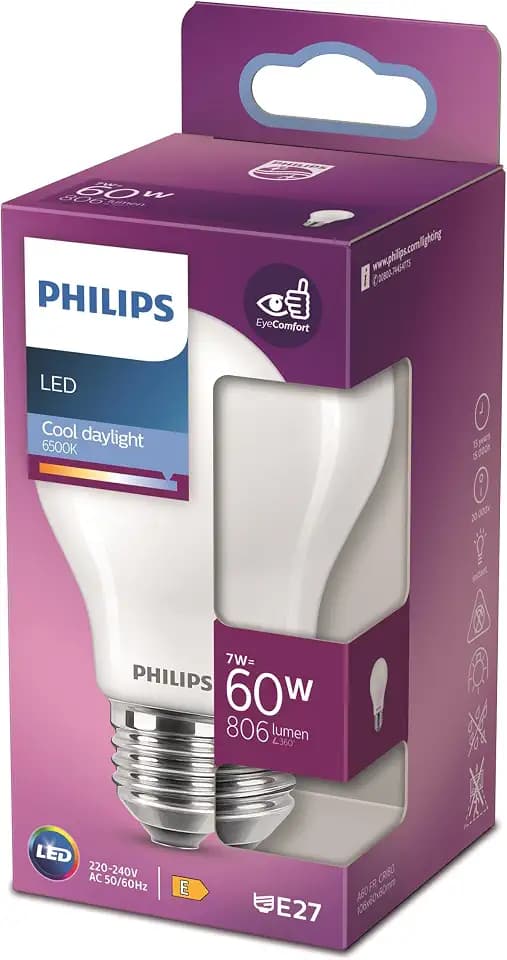 PHILIPS LED Classic E27 Lampe, 60W, matt, tageslichtweiß
