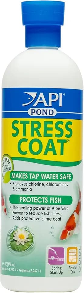 API POND STRESS COAT (16 fl oz) Pond Water Conditioner - Quickly Makes Tap Water Safe for Fish & Plants - Up to 1920 Gallons - Removes Chlorine, Ammonia & More - Natural Aloe Vera