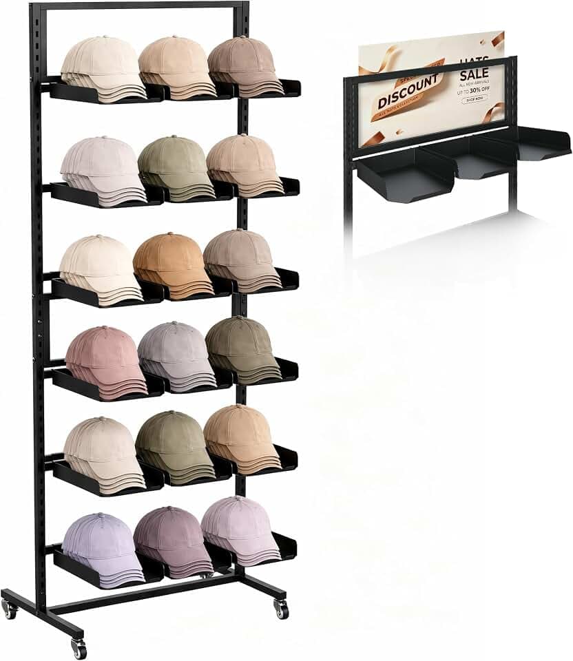 6 Tier Rolling Hat Rack Stand, Metal Cap Storage for 180 Hats