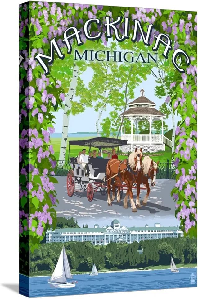 ART.COM Stretched Canvas Print Mackinac, Michigan - Montage Scenes by Lantern Press, 12" x 18"