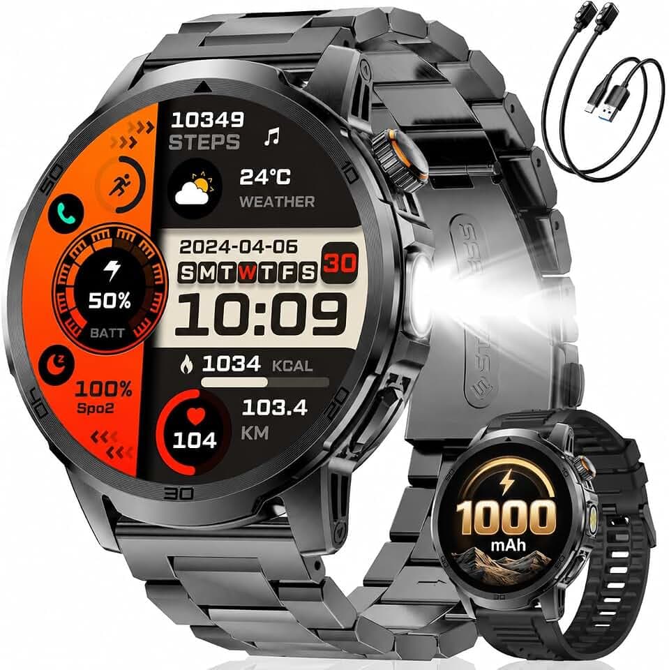 Smartwatch Herren 1000mAh 1.85" HD LED IP68 Telefon 110+ Sport Militär | Smart watch mit HD-Display, langer Akku, eigene Zifferblätter, Herz- & Schlaf-Tracking