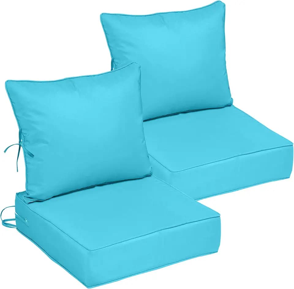 24x24 Outdoor Chair Cushions Set of 2, Waterproof Deep Seat Cushions for Patio Furniture with Removable Cover, Fade Resistant 4'' Outdoor Seat Cushion with Ties Handle for Sofa Loveseat, Lake Blue
