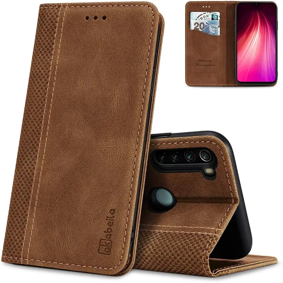 AKABEILA Redmi Note 8 Hülle Leder, Xiaomi Redmi Note 8 Handyhülle Silikon, Kompatibel für Xiaomi Redmi Note 8 Schutzhülle Brieftasche Klapphülle PU Magnetverschluss Kartenfächer Hüllen, Hellbraun