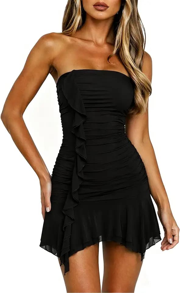 GOKATOSAU Women's Sexy Strapless Tube Top Mesh Sleeveless Bodycon Ruched Ruffle Mini Party Dress