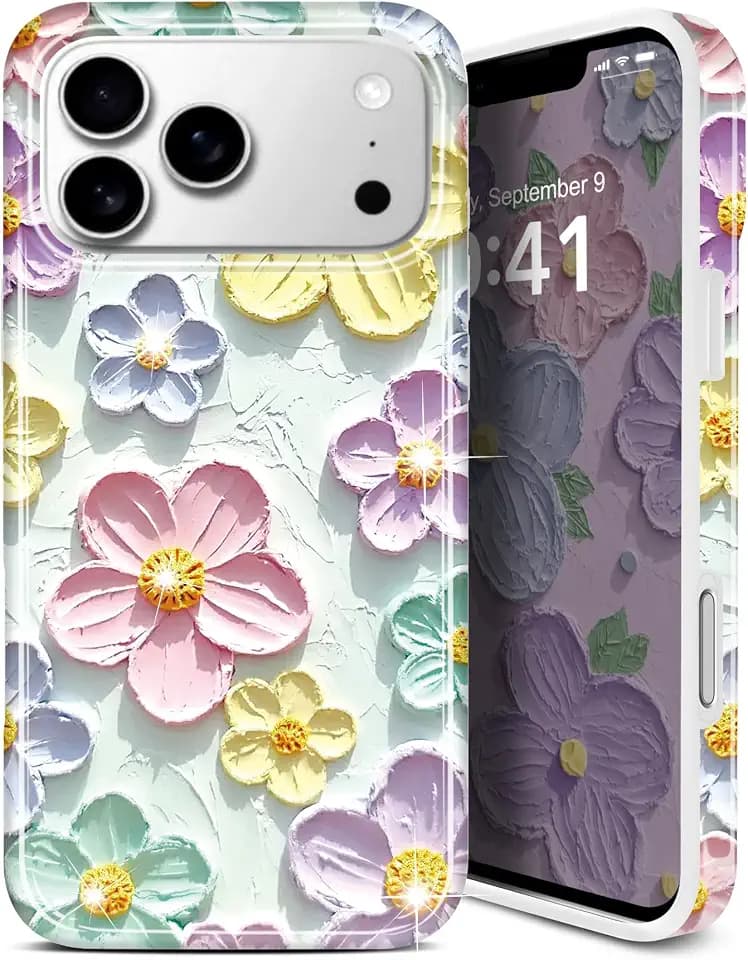 Schutzhülle Handyhülle für iPhone 17 Pro Hülle glitzernd Retro-Ölgemälde Blumen-Design schlank stoßfest TPU Silikon Mintfarben