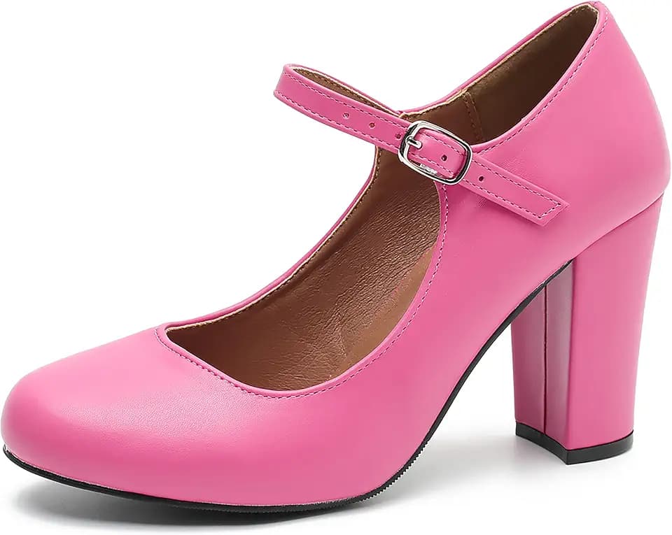 MAIERNISI JESSI Women's Mary Jane Pumps, Closed Round Toe, Block Heel with Ankle Strap Buckle, 3.54 Inch High Heel