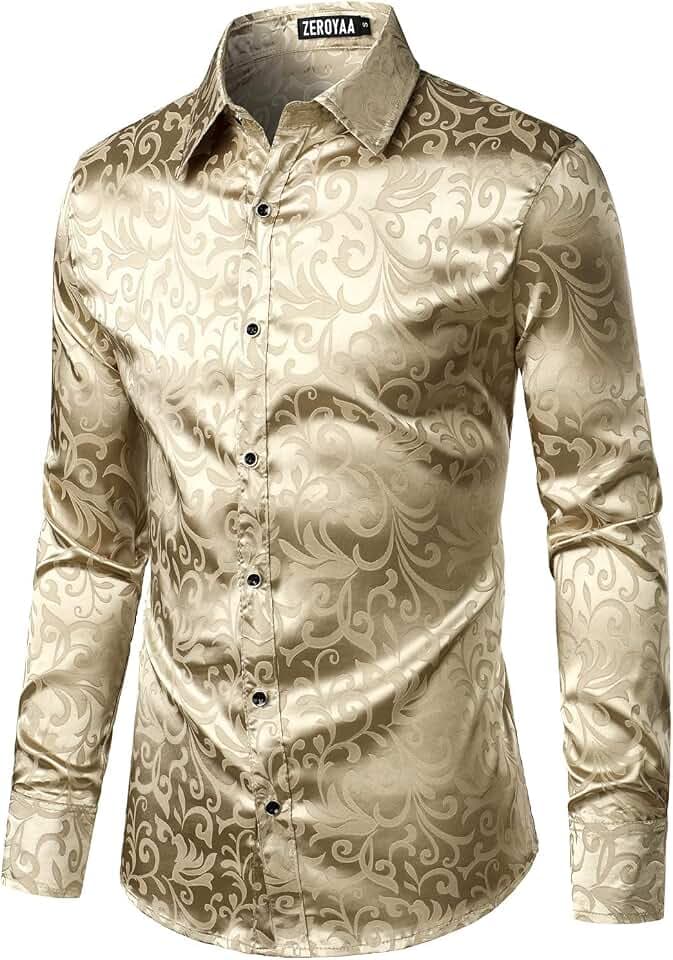 PARKLEES Luxuriöses Jacquard-Langarmhemd für Herren, schmale Passform, Satin, seidig, Blumenmuster, für Hochzeit, Party, Abschlussball