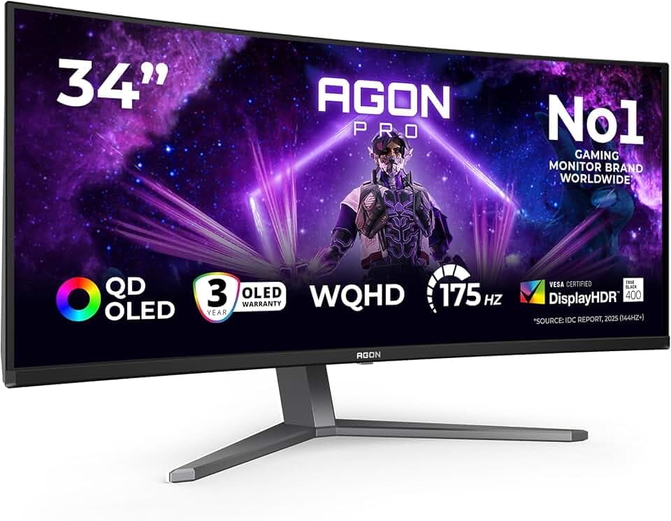 AOC AG346UCD 34" Curved, UW-QHD USB Hub Gaming Monitor, 175Hz, QD-OLED Panel, 0.03ms GtG, HDR400 TB, FreeSync Prem. G-Sync Comp., Höhenverstellung,Lautsprecher,(3440x1440 HDMI 2x 2.0 DP 1x 1.4)Schwarz