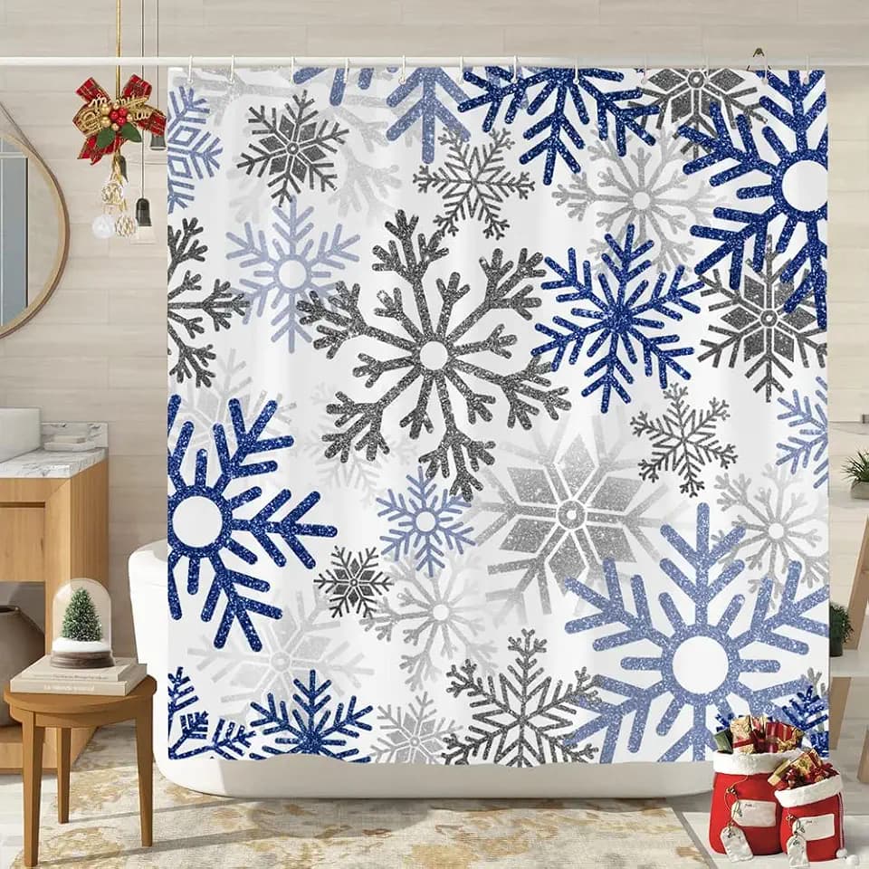 Winter Snowflake Shower Curtain, Silver Grey Blue Snowflakes Christmas Shower Curtains for Bathroom, Waterproof Fabric Xmas Holiday Bathtub Decor with Hook 72x72 inch