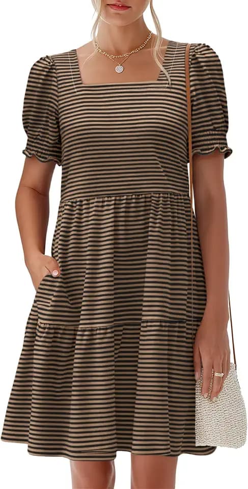 ANRABESS Womens Summer Puff Short Sleeve Square Neck Work Mini Dresses
