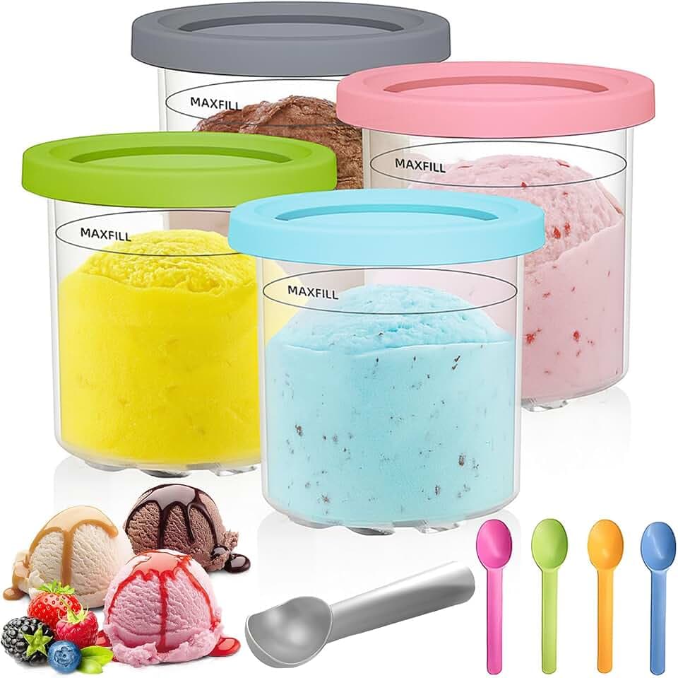 4 Stück Creami Behälter für die Ninja Creami Eismaschine, Behälter für Ninja Creami Eismaschine, Eisbehälter mit Deckel, Tubs Zubehör für NC301 NC300 NC299AMZ-Serie mit Aluminiumlöffel