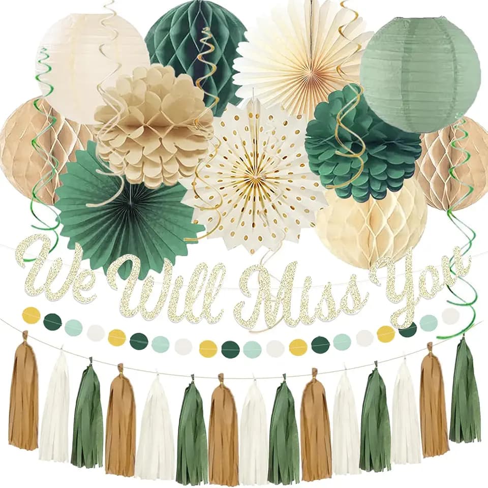 Sage Green Farewell Party Decorations, Gold We Will Miss You Banner Honeycomb Balls, Lanterns, Paper Fans Garland Set For Going Away/Leaving/Retirement Party Décor Men Women Coworker Friends Goodbye