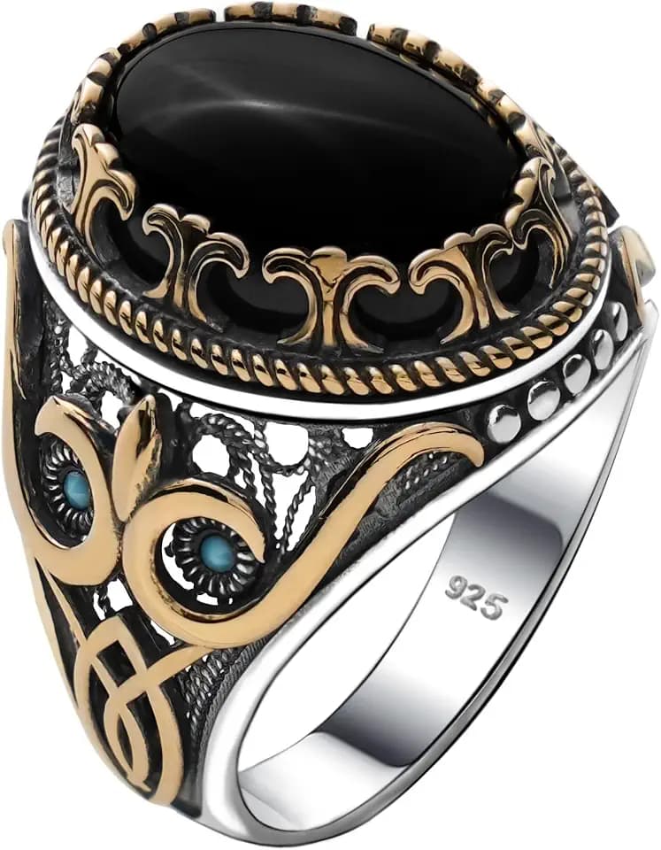 Alpha Rock Genuine Solid 925 Sterling Silver Accented with Bronze and Stone, Authentic Vintage Turkish Ottoman Style Ring for Men