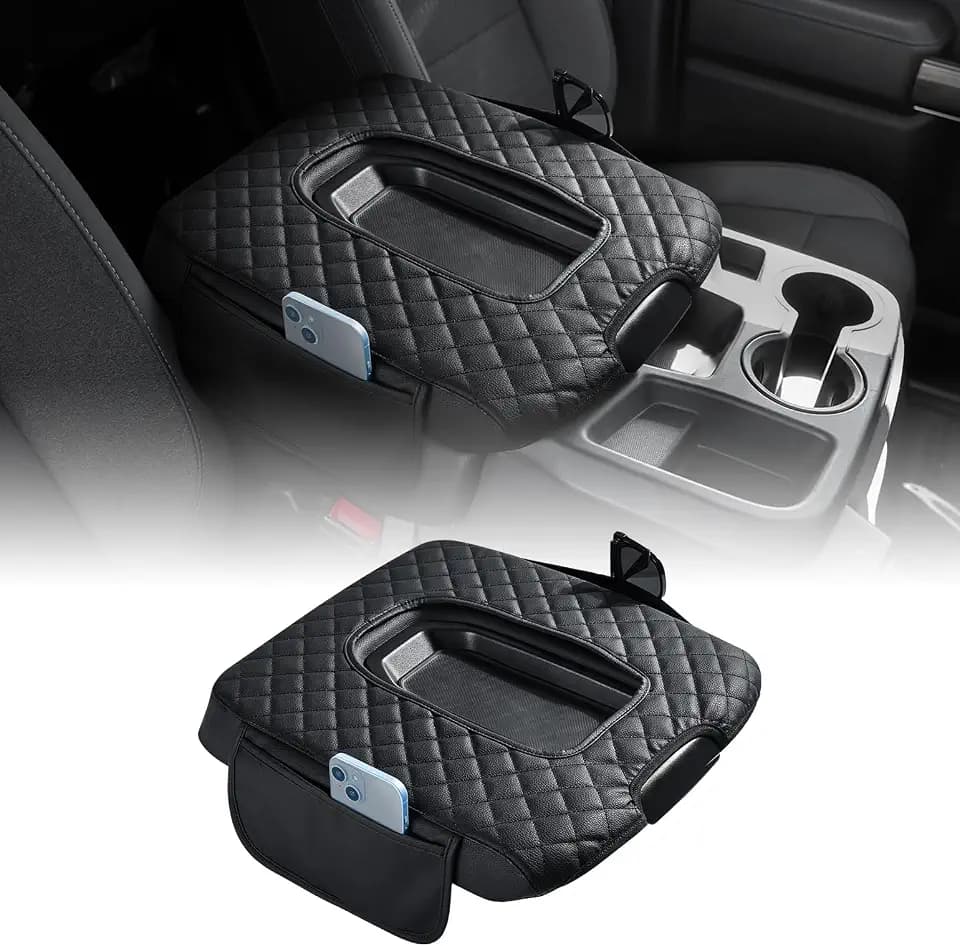 JOYTUTUS Center Console Cover Compatible with 2019-2025 2026 Silverado Sierra Jump Seat, Leather Arm Rest Armrest Cover for Car, Durable Middle Console Cover Replacement for Trucks, with 2 Pockets