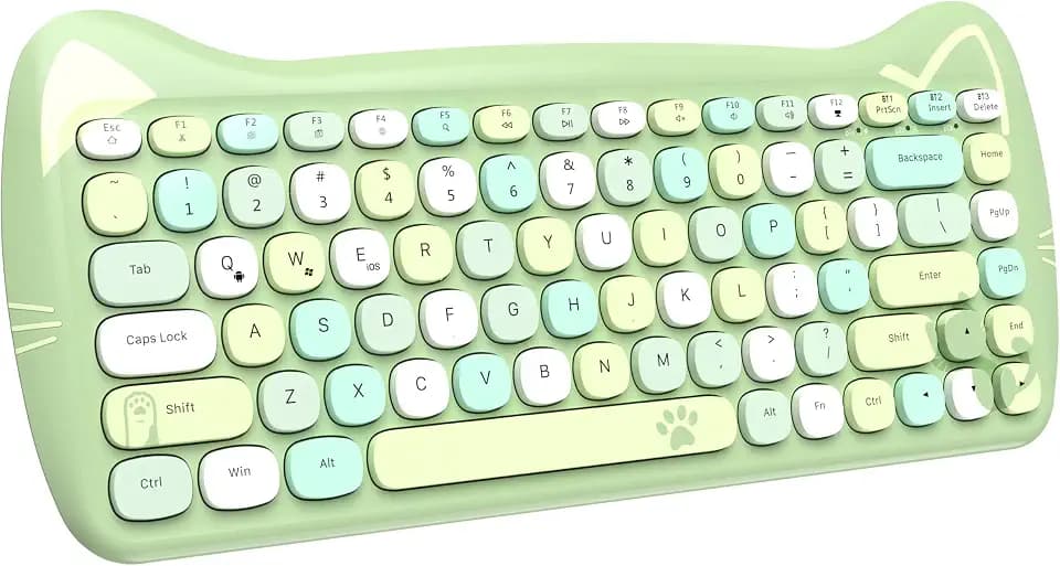 ZIYOU LANG 3060i Wireless Cute Computer Tastatur, Lovely Cat Retro Silent Slim Bluetooth Tastatur, Retro Schreibmaschine Runde Matte Textur Keycap, Kompakte 84-Tasten, QWERTY für PC Mac-Buntes Grün