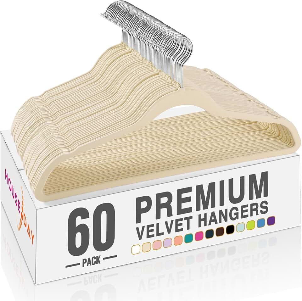HOUSE DAY Beige Velvet Hangers 60 Pack, Premium Non Slip Clothes Hanger