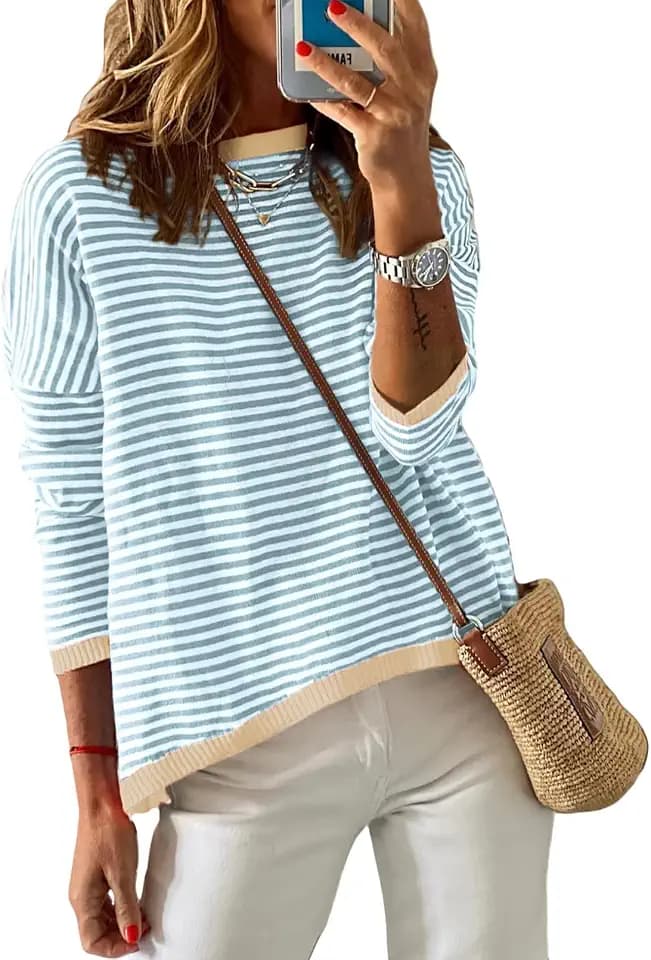 Cuptacc Pullover Damen Elegant Gestreifts Sweatshirt Rundhals Casual