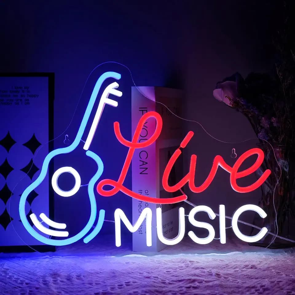 Live Music Neon Sign for Wall Decor - Dimmable LED Light for Studio, Guitar, Bar, Concert, Party, Man Cave - Room Decoration Gift