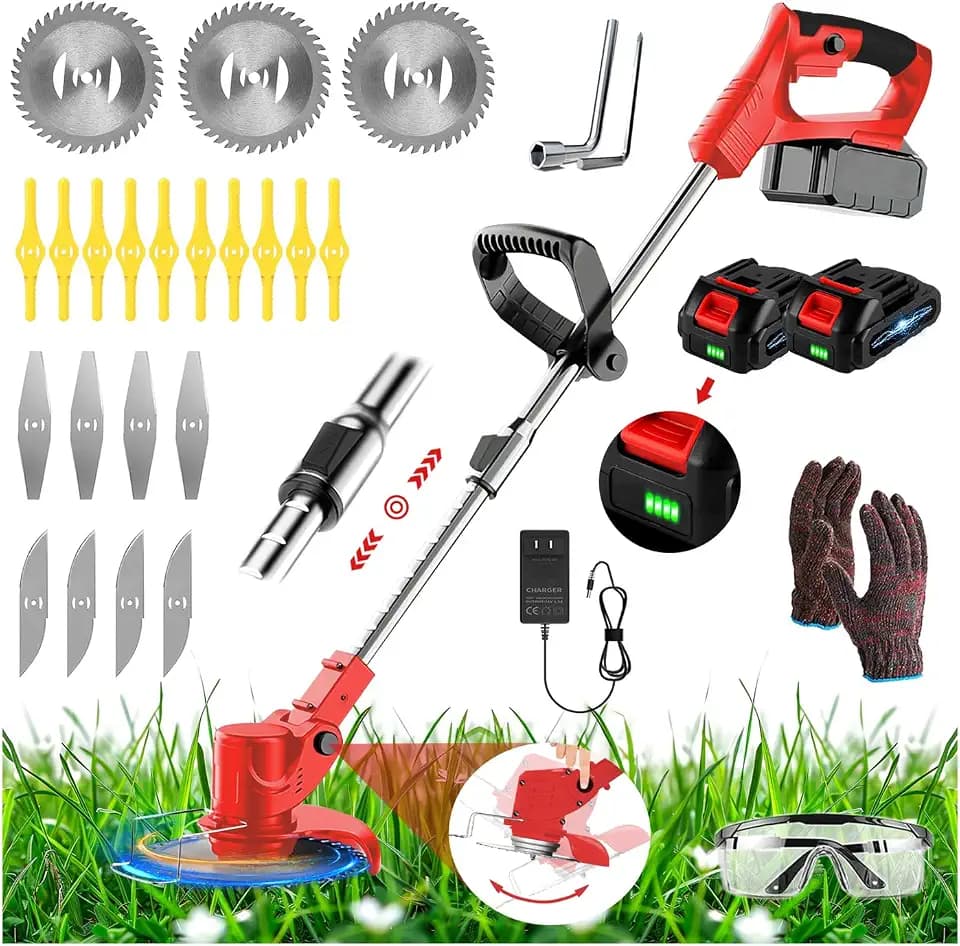 21V Electric Weed Wacker Cordless Weed Wacker Eater Lightweight Grass Trimmer with 4 Types Blade & Fast Charger & 2x2000mAh Batteries Brush Cutter for Garden Lawn Yard Red
