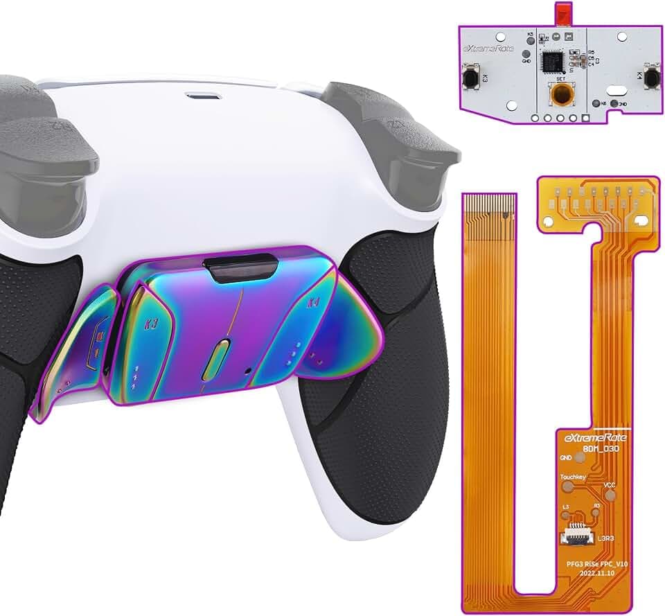 eXtremeRate Programmierbar RISE4 Remap Kit für ps5 Controller BDM-030/040,Real Metal Buttons(RMB) Remap Board&Rückplate Gehäuse/Case&Meall Back Paddles Rücktasten für ps5-Weiß Schwarz&Aura Blau Lila