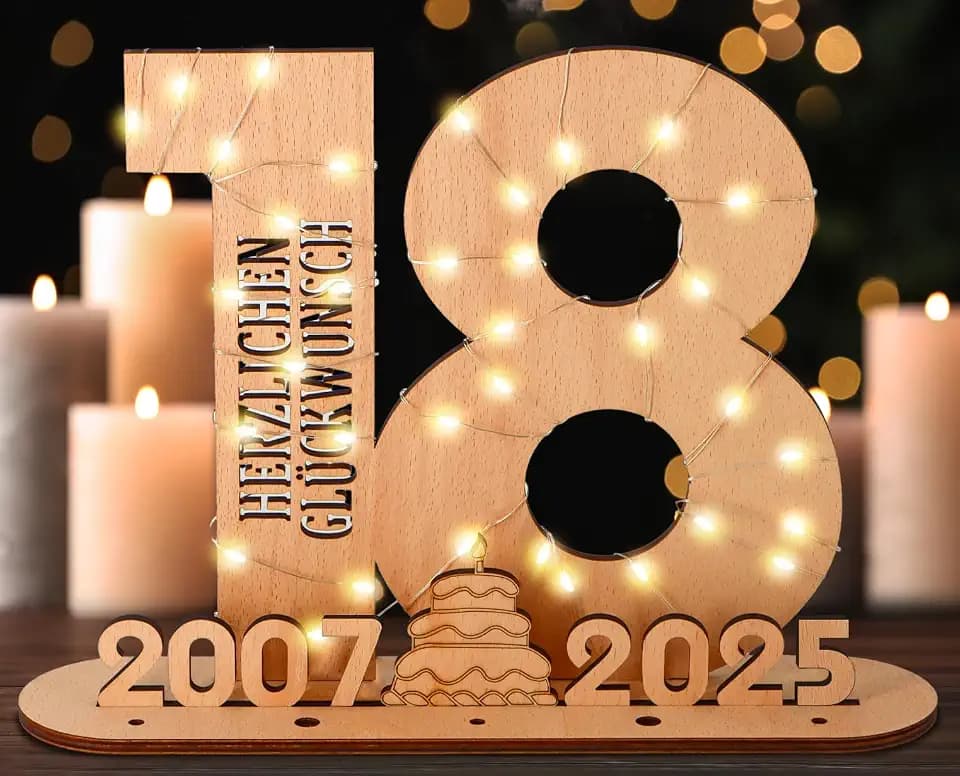 Giftota - Originelle 18 Geburtstag Geschenk Mädchen & Jungen - Geldgeschenke Geburtstag 18 mit LED Lichterkette Ständer - 2025 Holz-Schild Gästebuch - 18 Geburtstag Deko - Personalisierbares Geschenk