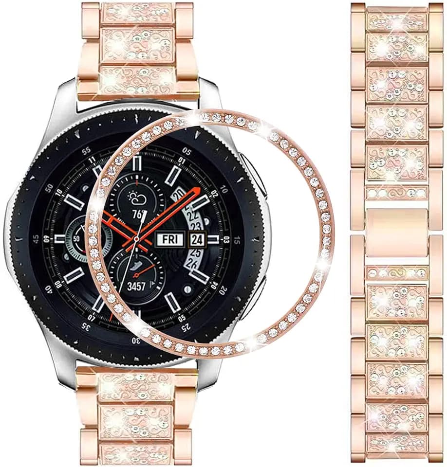 DEALELE Armbänd Kompatibel mit Galaxy Watch 46mm, 22mm Strass Diamant Edelstahl Metall Armband mit Lünette Ring Hülle Ersatz für Samsung Gear S3 Frontier/Classic Damen Herren, Roségold