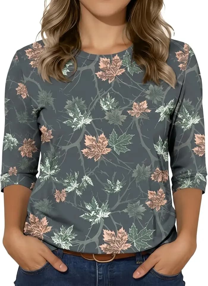 3/4 Sleeve Tops for Women Graphic Crew Neck Fall Blouses Spring T Shirts