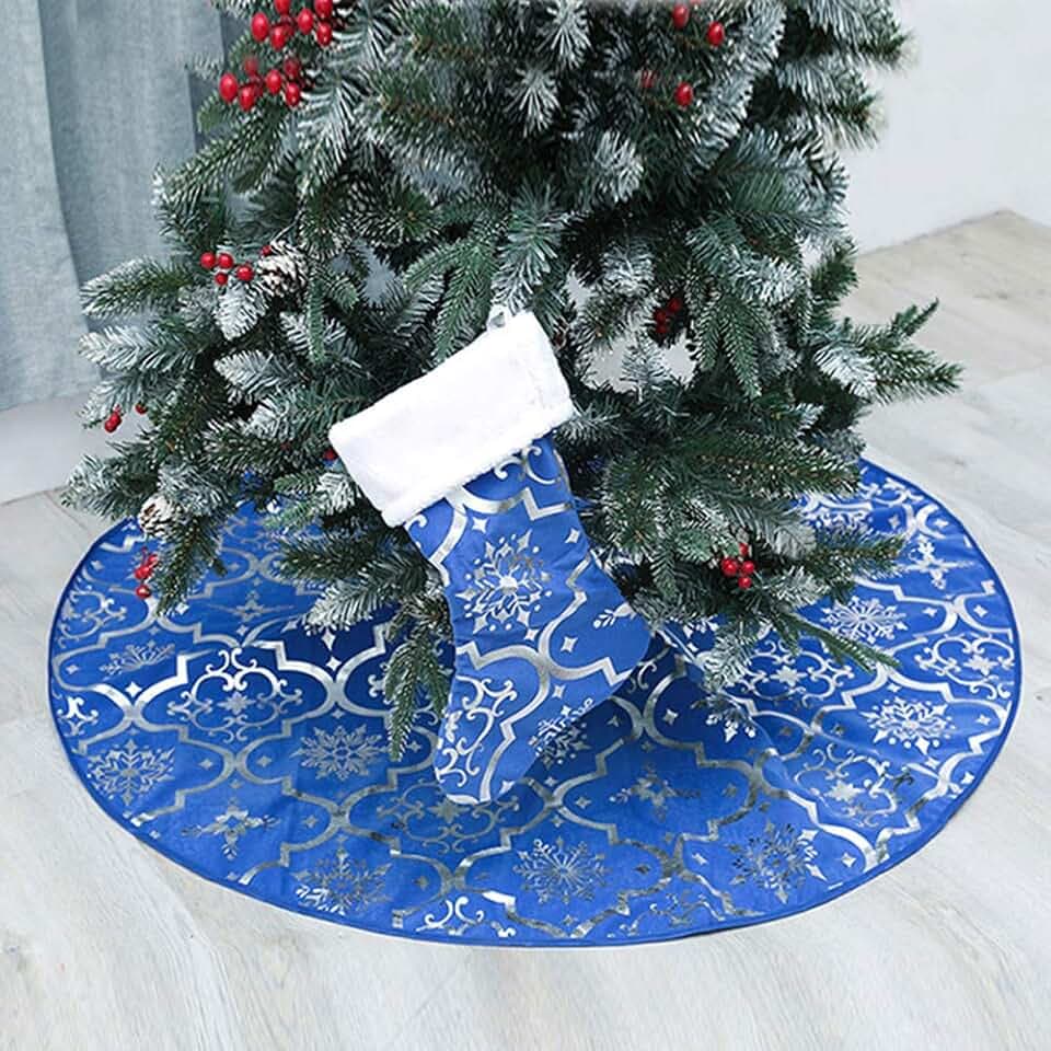 Christmas Tree Skirt, 48 inches Large Red Flannel Tree Mat with Gilded Christmas Patterns Skirt for Xmas Tree Holiday Party Decorations Indoor Outdoor with 1 Christmas Stocking (Blue)