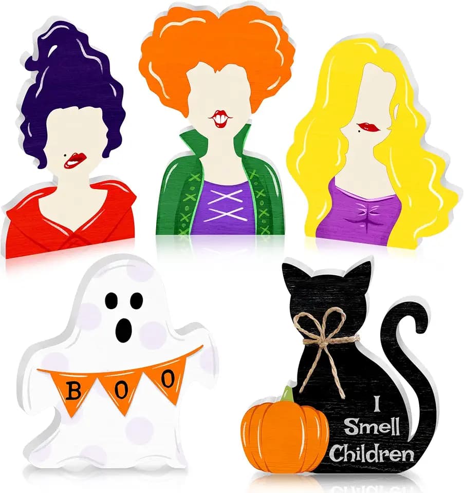 Halloween Table Decor, 5 Pcs Witches Wooden Signs Hocus Pocus Black Cat Cute Ghost Wood Decor, Farmhouse Halloween Centerpiece Tabletop Sign Ornament for Holiday Tiered Tray Halloween Party Decoration