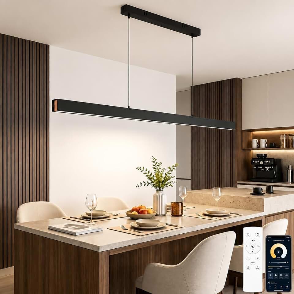 Schwarz LED Hängelampe Esstisch mit Fernbedienung & App, Holz-Dekor, 150CM