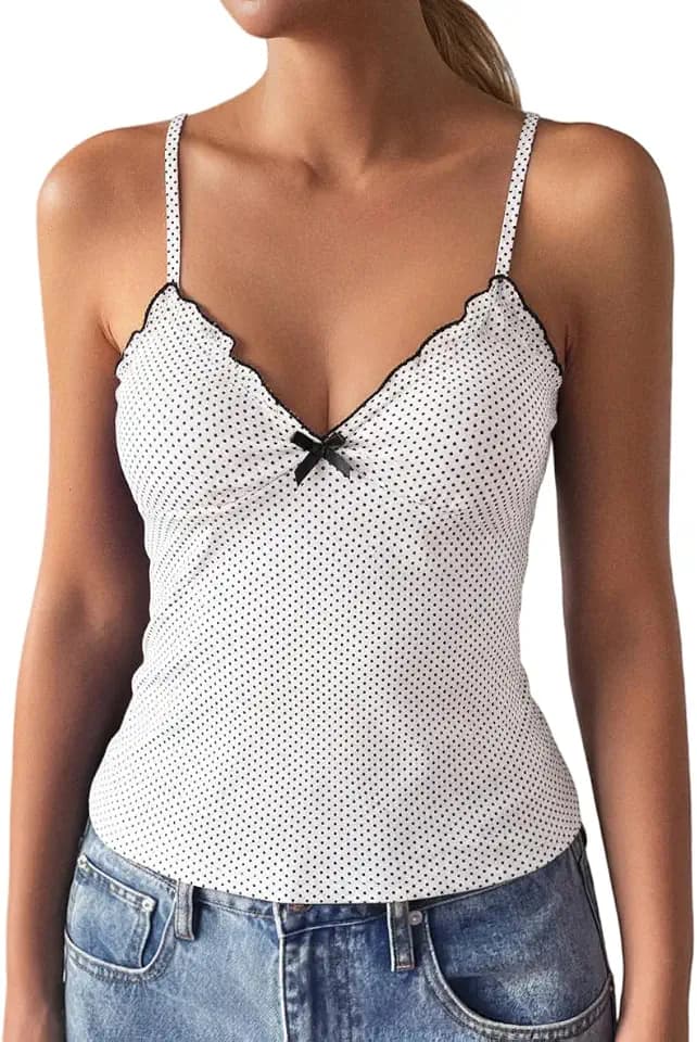 Women's Polka Dot Cami Y2k Lace Trim V Neck Spaghetti Strap Cute Bow Camisole Trendy Going Out Tank Top