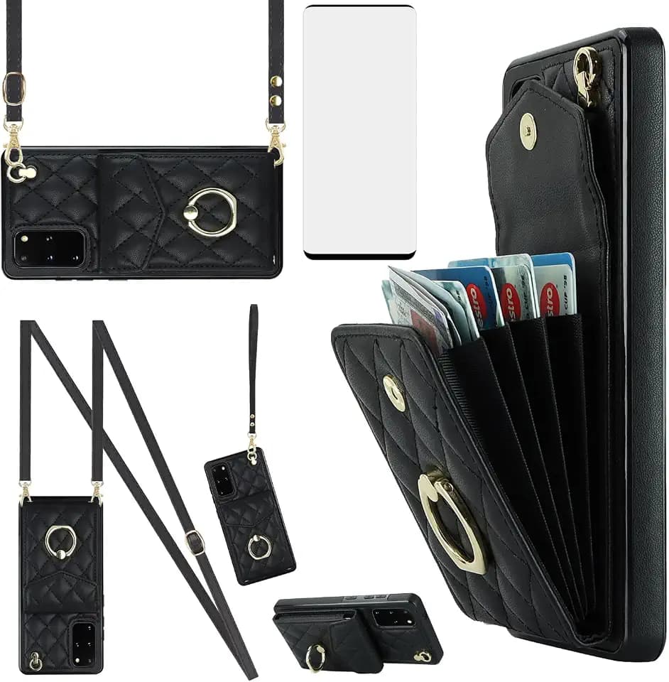 Asuwish Phone Case for Samsung Galaxy S20 Plus S20+ 5G Wallet Cover with Tempered Glass Screen Protector and Ring RFID Blocking Credit Card Holder Cell S20+5G S20plus 20S + S2O S 20 20+ G5 Women Black